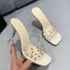 Kapcie 2023 Summer Slides Fashion Pearl Pearl ozdobna impreza kwadratowa pięta przezroczyste wysokie obcasy panie otwartego palca sandały