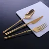 Conjuntos de louça Colher Garfo Conjunto 4 pcs Aço Inoxidável Talheres Dourado Jantar Bife Faca para Jantar Talheres