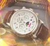 Highend Moon Star Skeleton Dial Stopwatch Watches Men Quartz Chronograph Movement Clock Läder rostfritt stål Bälte europeisk populär full funktionell klocka gåvor