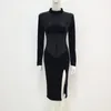 Casual klänningar kvinnor sammet polyester mesh mode vår höst sexig delad långärmad bodycon svart smal knä längd kvinnliga kläder