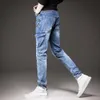Mens Light Luxury Street Fashion Moto Biker Blue Jeans Wear-proof Trendy Style Denim Pants Slim-fit Zipper Decors Casual Jeans HKD230829