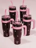 Bouteilles d'eau 1250 ml Kpop noir rose bouteille thermique gobelet en acier inoxydable avec poignée tasse de paille tasse à café de voiture portable Drinkware 230829