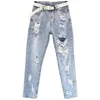 Calças de brim femininas indústria pesada pregado frisado buraco quebrado mulheres primavera/verão moda mendigo lavado casual denim tornozelo comprimento calças