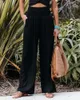 Kadın Pantolon Yaz Pamuk Keten Katı Elastik Yüksek Bel Kokulu Salon Pantolon Günlük Cepler Gevşek Geniş Bacak Palazzo