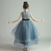 Sukienki dla dziewczynek sukienka z iluzją o iluzji bez rękawów Baby niebieski cekinowy haft haftowa księżniczka dół kolan tiulowy koronkowy suknia dla dzieci h384