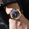 Armbanduhren 2023 Luxusuhr für Männer Business Chronograph Leder Wasserdicht Quarz Leuchtdatum Mondphase Reloj Hombre