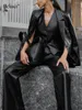 Frauen Zweiteilige Hosen Bclout Herbst Schwarz Leder Sets Frauen 2 Stück Mode Büro Dame V-ausschnitt Slim Pu Tops Elegante Party Gerade Anzüge