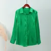 Kvinnors blusar skjortor satin elegant kvinnor skjorta grön knapp upp lapel lösa kontor damer skjortor över våren sommarlång ärmblus tops 230829