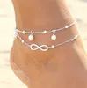 Sexig sommarstrand pärla ankletter armband silver pläterade imitation pärlor barfota sandaler paj ben kedja kvinnliga boho smycken