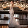 Vintage sjöjungfru bröllopsklänning för kvinnor spets appliced ​​långärmad brudklänningar glitter svep tåg anpassa vestidos de novia