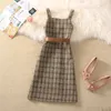 Basic Casual Dresses Korean Two Piece Set Dress Women Autumn Winter Houndstooth Woolen Spaghetti Strap Dress With Belt Knee-Length Sundress Vestidos 230828