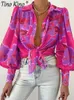 Damesblouses Overhemden Lange pofmouwen Print Damesoverhemd Elegante revers Kleurrijk Kantoor Damesoverhemden Lente Zomer Mode All-match Top Dames 230829