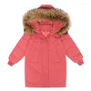 ダウンコート冬の暖かい女の子プレーンデタッチ可能な毛皮の双方向ジップ厚さの長いパフジャケットスクールキッズチャイルドアウターパーカー5〜16歳