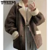 Jaquetas femininas WTEMPO moda cordeiro lã jaqueta de couro para mulheres elegante lapela engrossar casaco quente chique camurça casaco curto pele de cordeiro outwear 230829