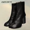 Botas preto split toe casual couro redondo salto alto deslizamento em cor sólida design simples moda curta mulheres 230829