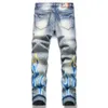 Männer Print Stretch Denim Jeans Mode Flamme Savage Muster Hosen Löcher Riss Distressed Blau Slim Tapered Hosen HKD230829