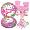 Одноразовая столовая посуда розовые динозавры для девушек из бумажных тарелок для вечеринки и салфетки на день рождения. Спола. Расхонная посуда подают 8 гостей для чашек DE DE DHRQ3