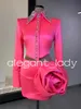 Fuchsia Hot Pink Two Pieces Short Prom Birthday Dresses Long Sleeve Crystal Rose Flower Homecoming Cocktail Gown