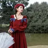 Casual Jurken Vintage Zoete Strik Bordeaux Kerst Vrouwen Jurk Elegante Vierkante Kraag Vestido Lange Mouw Femme Mid-lange ArtStudent