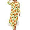 Casual Dresses Watercolor Oranges Chiffon Dress Bright Fruit Print Vintage Long Sleeve Street Wear V Neck Design Big Size