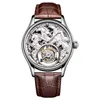 Horloges Luxe Heren Tourbillon Mechanisch Horloge Zodiac Paard Skelet 24K Goud Leer Heren Zeemeeuw Saffier Zakelijk Man