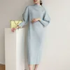 Casual Dresses Dress For Women Loose Stretch Miyake Pleated Round Neck Long Sleeved Simple Solid Colour Over The Knees Spring And Autumn