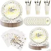 Engångsgäststora 112 st bronsing guld Happy Birthday Party Supplies Pappersplattor PRICTS FOLED SET FÖR SERVER 16 gäster inkluderar koppar DHPX7