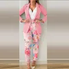 Damen Zweiteilige Hosen Frühling Solide Revers Hals Frauen Blazer Und Blumendruck Outfits Retro Langarm Büro Dame Anzug Herbst Schlank Set