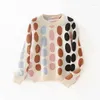 Kvinnors tröjor Löst O Neck Långärmning Print Stick Kvinnlig jumper Vinter toppar Casual Colorful Polka Dot Sticke Pullover Women Warm tröja