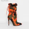 Hakken 2022 teen kalf High Mid Spring Pointed Boots for Women Fashion Camouflage Print Stiletto Lace Up Damesschoenen Botas Mujer T230829 93's