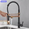 Kitchen Faucets Black and Golden Brass Pulling Sink Dual Outlet WaterCold Washing Basin Tap Deck Mounted Spring Mixer Taps 230829