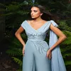 Sierlijke blauwe jumpsuit avondjurk chique V-hals pailletten galajurk Turkije Arabisch Dubai formele gelegenheid verjaardag vestido de novia broekpak abaya feestpakken