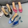 Slippers 2023 Summer Rhinestone Bow Satin Sondals Ladies Wine Glass High High Cheer Alemy Shoes Open Toe Dress Wedder