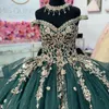 Zielona błyszcząca suknia balowa sukienki Quinceanera sukienki ślubne z rękawów na ramionach Aplikat