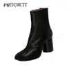 Botas preto split toe casual couro redondo salto alto deslizamento em cor sólida design simples moda curta mulheres 230829