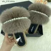 Fox Slippers Faux Woman Natural Fur Summer Espadrilles Pearl Chain Fluffy Slides Flip Flops Flats Women Shoes Sandals T F E