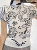 Haut t-shirt imprimé blanc plissé à col mi-haut pour femme à manches courtes