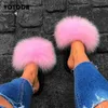 Kvinnor Summer Fashion Furry Flip Flops Real Fox Fur Slides Ladies Fluffy Slippers Casual Soft Fuzzy Amazing Female Shoes T230828 9FFE1