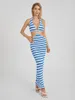 Casual Dresses Wsevypo randig tie-up halter stickad klänning Sommar kvinnors ärmlösa backless cutout midja lindad länge för Party Beach