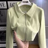 Suéter con cremallera y cuello tipo polo coreano para mujer, chaqueta cárdigan, Top corto de punto para mujer, camiseta informal elegante de manga larga, abrigo fino para mujer