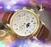 Pełne funkcjonalne skórzane męskie zegarki Stopwatch Zegarki Waterproof Waterproof Waterproof Calendar Prezydent Klasyczny księżyc Star Targ Watch Prezenty Relojes de lujo para hombre