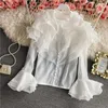 Women's Blouses Shirts Gagarich Women Shirt Spring Autumn French Style Ladies Super Fairy Layered Ruffled Organza Flared Sleeve Blouses 230828