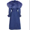Женские плащи YOLOAgain, осень 2023, Монголия, длинная джинсовая куртка с воротником из овечьего меха, пальто, женская уличная одежда
