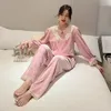 Women's Sleepwear Women 2PCS Velour Lace Floral Pajamas Sets Sweet Turn-Down Collar Pyjamas Suit Bride Bud Sleeve Dressing Gown Homewear