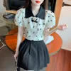 Blusas femininas estilo coreano blusa floral manga curta chiffon blusa botão chinês nós camisa moda topo