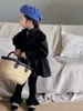 Jaquetas roupas infantis crianças 2023 meninas outono preto puff manga mid-length trench coat