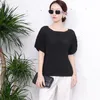 Женские футболки T Miyake Plearted Top Women 2023 Summer Korean Fashion с коротким рукавом с твердым цветом.