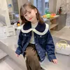 Jackets Korean Style Knit Ruffles Neck Girl's Short Denim Jacket Kids Sweet Retro Jean Coat Long Sleeve Cowboy Outwear Child Tops XMP124