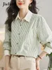 Kvinnors blusar Autumn Stripe Slim Women Shirt Casual Loose French Chicly Woman Street Green Chiffon Långärmad topp kvinna