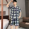 Mäns sömnkläder Summer Short Pyjamas passar män pojke mode pläd bomull set koreanska hem kläder pajama homme dropship